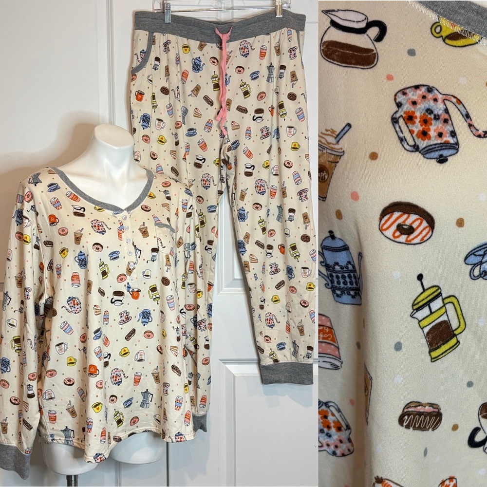 Cuddl Duds Coffee Pastries Long Sleeve Pants Pajama Set XL/XXL